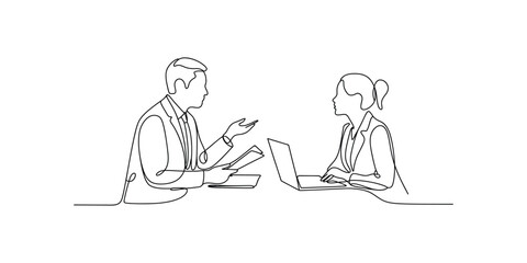 Continuous one line drawing of Business meeting between man and woman with laptop and documents.