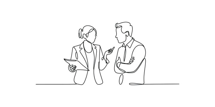 Continuous one line drawing of Business colleagues discussing a project with document, Single line draw design vector graphic illustration.