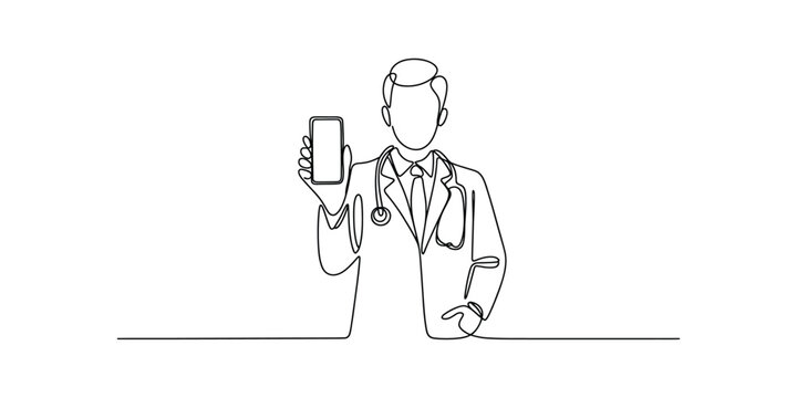 Continuous one line drawing of a Doctor Holding a Smartphone  Minimalist Vector Illustration of a Physician Showing a Blank Screen for Tele medicine or Medical App Concept.