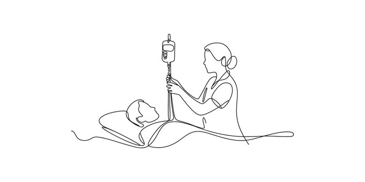 Continuous one line  drawing of a nurse tending to a patient in a hospital bed with an iv drip attached to them.