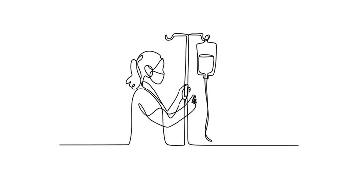 Continuous one line  drawing of a nurse tending to a patient in a hospital bed with an iv drip attached to them.