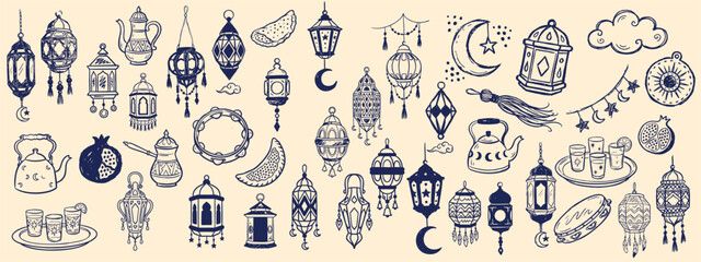 Fototapeta premium Line art lantern and crescent ramadan motif seamless pattern with vintage navy ink illustrations of lamps, teapots, stars on beige
