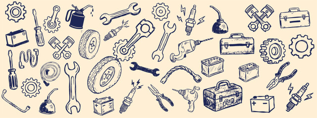 Naklejka premium Hand drawn line art seamless pattern of vintage workshop tools and toolboxes in navy blue on beige landscape background banner