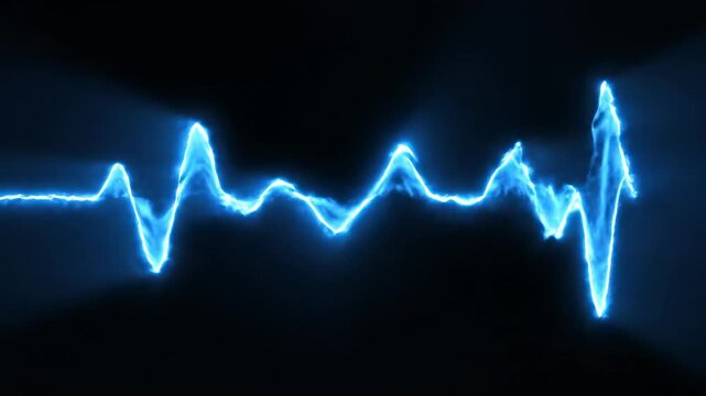 A dramatic, slow-motion visualization of a smooth blue sine wave propagating across a deep black background, pulsing with controlled frequency elegant, fluid, website element