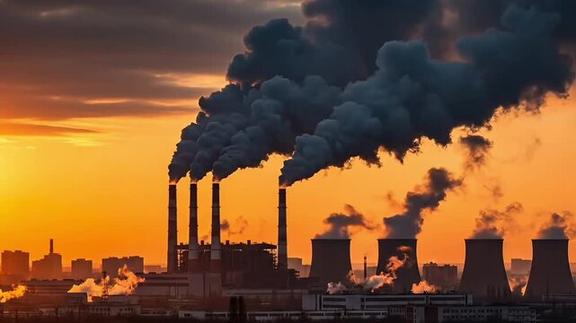 Pollution animation showing industrial smoke movement from factory chimneys spreading through city air illustrating climate change impact environmental crisis and public health risk