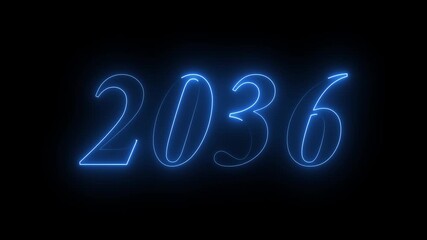 Glowing neon line word of 2036 on planet earth with black background. Concept of new year beginning, happy celebration, festival, new life, growth of business, investment, finance, innovation. 4k 