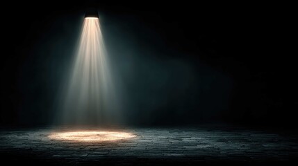 An empty, minimalist stage with a single spotlight, but the light itself is a solid, tangible pillar, thought leadership and expertise concept 
