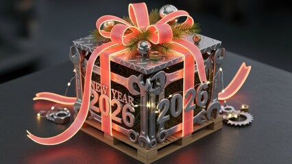 A metallic gift box with a ribbon and a bow, featuring the words 'NEW YEAR 2026' on its surface.