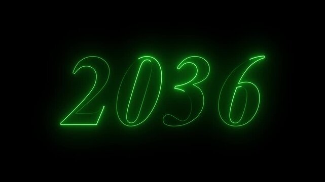Glowing neon line word of 2036 on planet earth with black background. Concept of new year beginning, happy celebration, festival, new life, growth of business, investment, finance, innovation. 4k 
