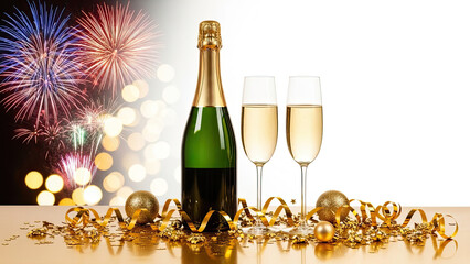 Celebrating new year with champagne and fireworks