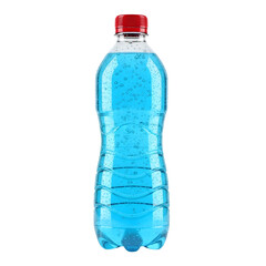 Naklejka premium Hyper-photorealistic PET bottle with ribbed design and red cap, filled with cold light blue effervescent sports drink, ideal for beverage advertising isolated on white or transparent background.