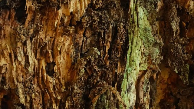 Zoom out shot revealing termite colony nest covering and damaging a large tree trunk. Natural wood decay caused by termite infestation in forest environment.