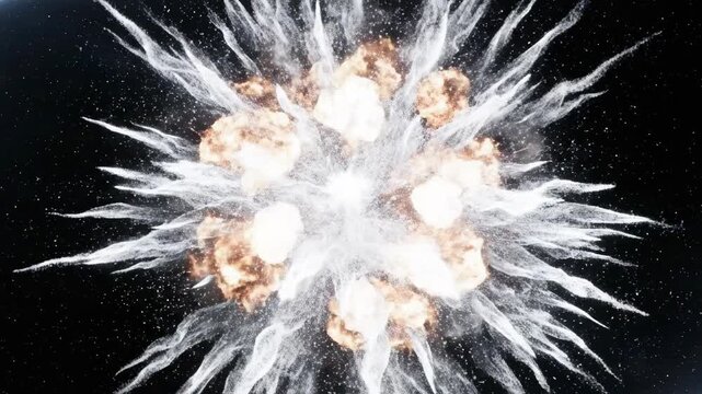 A dynamic cloud of shimmering white particles rapidly converges into a high density sphere then explodes outward into a vast digital blank space void, patterns, science