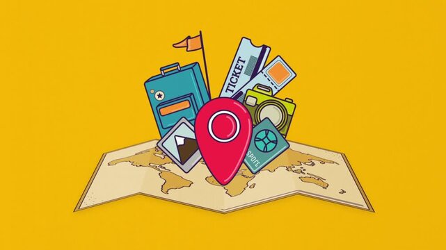 Animation of common travel items including a map