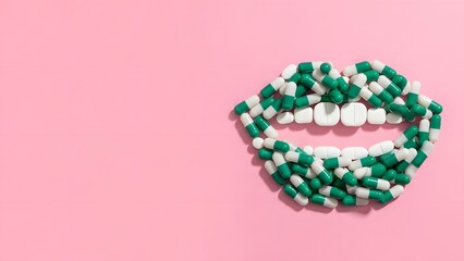 World Oral Health Day Mouth made of green and white capsules on a pink background, symbolizing health and medication