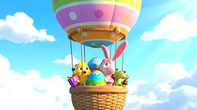 A cheerful Easter Day adventure with a cute chick, rabbit, and frog soaring in a hot air balloon, their basket overflowing with joy and decorated Easter eggs under a bright blue sky.