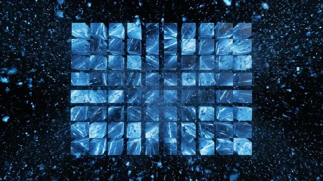A dynamic grid of glowing blue digital cubes rapidly shatters into thousands of tiny shards across a pitch-black void before dissolving completely seamlessloop, geometric, digital