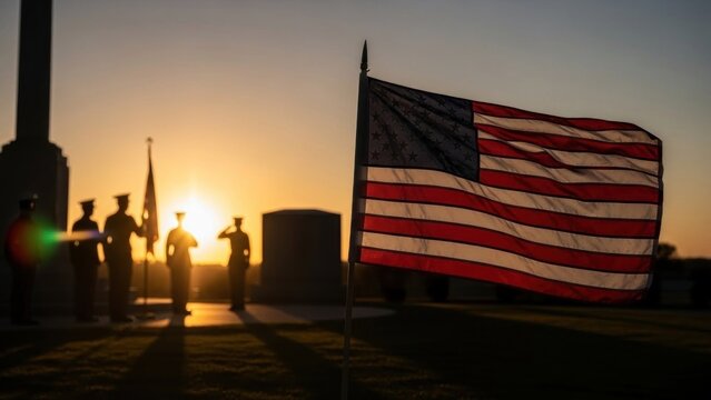 A silhouette of a flag and soldiers saluting at sunset.