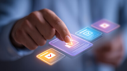 Business hand tapping floating data approval icon on transparent digital interface