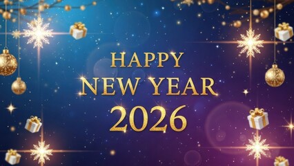 Fototapeta premium A festive, blue and gold background with snowflakes and hanging ornaments, celebrating the New Year 2026.