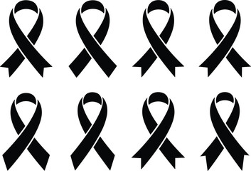 Eight black awareness ribbons arranged in two rows on white background