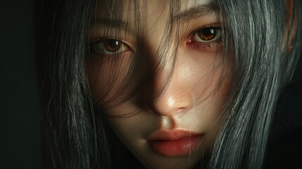 Close up portrait of a person with long hair and intense gaze