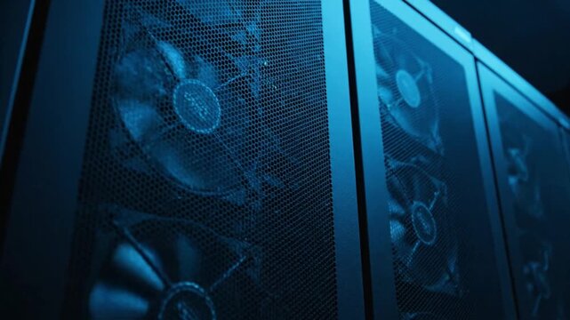 Close up shot of computer server room with blue glowing fans