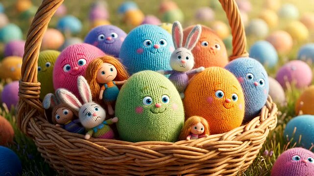 A charming wicker basket overflows with cheerful, colorful knitted Easter egg characters and adorable bunnies, celebrating Easter Day with a festive outdoor display.