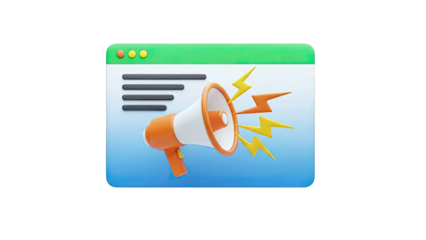 3D Megaphone Icon with Lightning Bolts and Website Elements