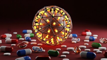 A spherical structure with a lattice pattern and glowing lights, surrounded by a variety of pills and capsules on a dark background.