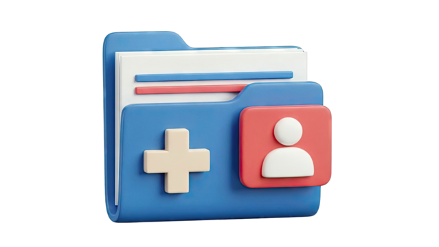 3D Medical Folder Icon with Plus and User Symbols - Powered by Adobe