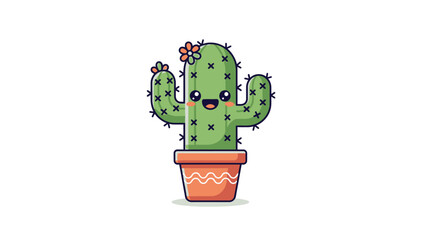 Cute cartoon cactus with flowers in a pot.