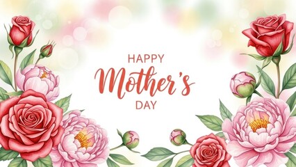 A beautiful floral arrangement with pink and red roses and peonies on a white background with a bokeh effect.