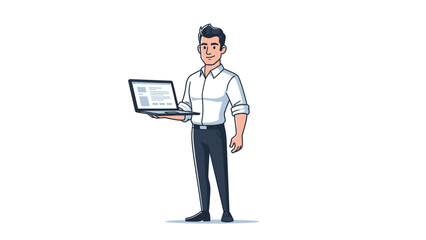 Man in Business Attire Holding a Laptop and Presenting Information.