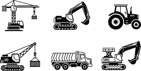 Construction machinery icons set including crane excavator tractor dump truck isolated on white background heavy equipment vector illustration © Rayhan