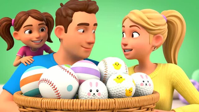 A delighted animated family celebrates Easter Day with a charming wicker basket overflowing with custom-designed golf and baseballs, adorned with bunnies, chicks, and pastel stripes.