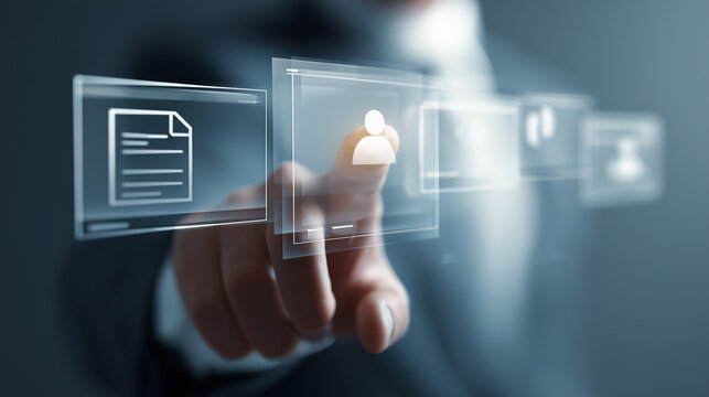 Futuristic digital workspace with businessman hand interacting with holographic UI - Powered by Adobe