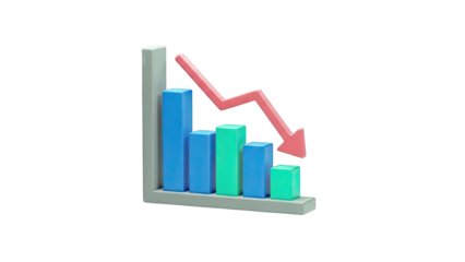 3D Bar Chart Showing Downward Trend with Red Arrow