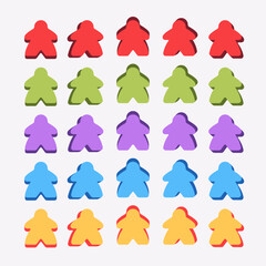 Vector illustration of colorful wooden game figures isolated on white background. Classic board game pawns in vibrant colors for tabletop, gaming, and entertainment design projects.