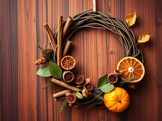 Handmade Thanksgiving wreath with cinnamon sticks and dried oranges,  autumn,  natural