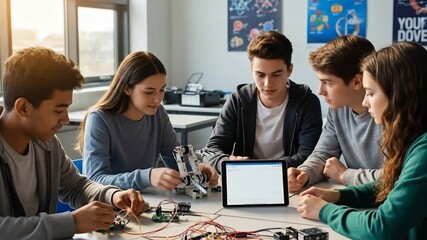 Diverse students collaborate on robotics project in STEM classroom. - Powered by Adobe