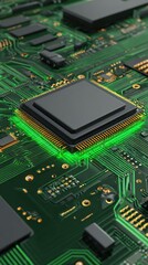 Close up of a central processing unit on a green circuit board