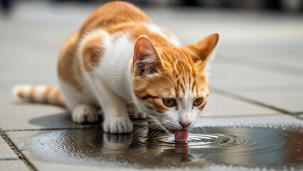 Ginger kitten drinking from urban puddle – Symbol of fragility in city life
