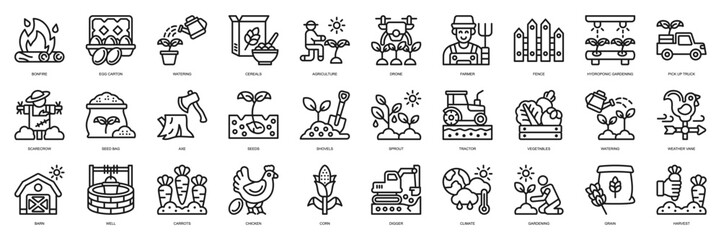 Agriculture icon collection line style. Containing Bonfire, Egg Carton, Watering, Cereals, Agriculture, Drone, Farmer