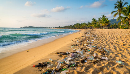Polluted beach with plastic waste and palm trees.