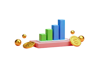 3D Bar Chart with Gold Coins and Spheres
