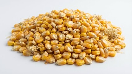 pile of yellow corn kernels isolated on a white background for agriculture and cooking themes
