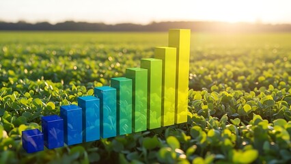 Colorful 3 D bar graph in green field at sunset chart