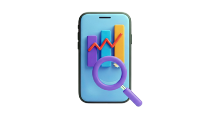 3D Mobile Phone with Financial Chart and Magnifying Glass
