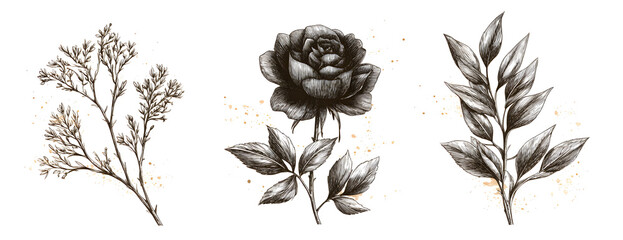 Floral branch and minimalist flowers for logo or tattoo. Hand drawn line wedding herb, elegant leaves for invitation save the date card. Botanical rustic trendy greenery